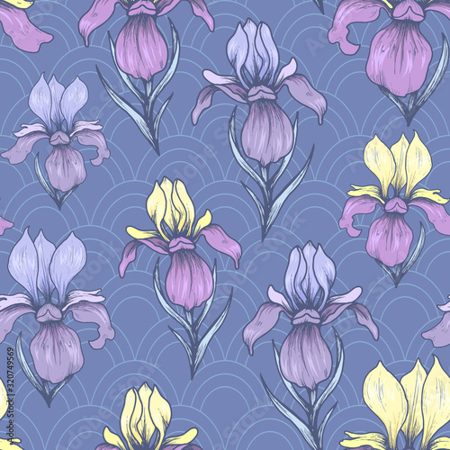 Seamless pattern with blue irises