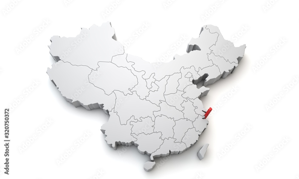 Map of China showing Shanghai regional area. 3D Rendering
