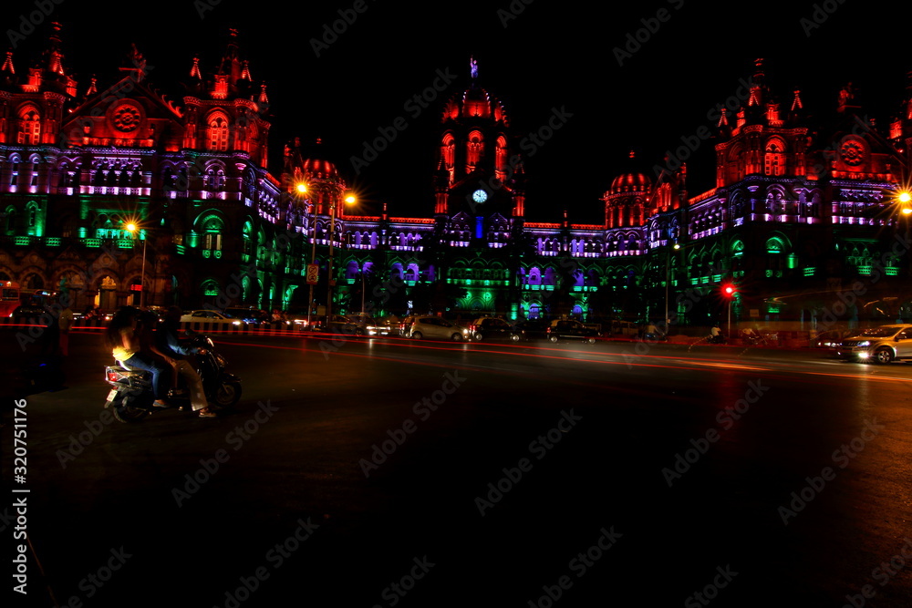 Night view of Victoria Terminus or CST in Mumbai, India