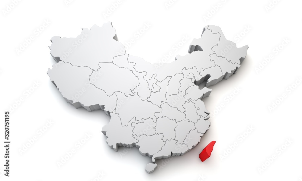 Map of China showing Taiwan regional area. 3D Rendering