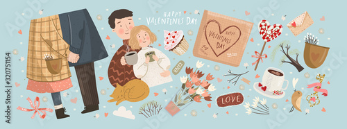 Happy Valentine's day! Vector illustrations for the spring holiday of love - February 14th. Drawings of couple with coffee, kissing on a date, valentine, flowers, isolated holiday objects