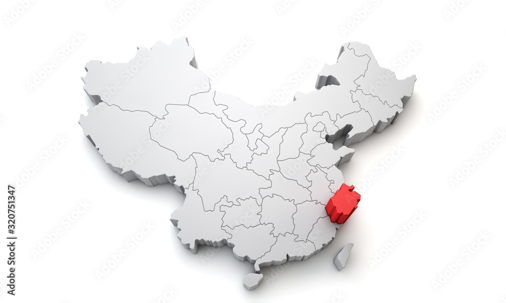 Map of China showing Zhejiang regional area. 3D Rendering Map of China showing Zhejiang regional area. 3D Rendering