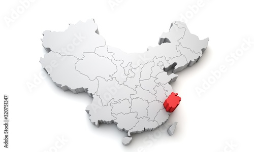 Map of China showing Zhejiang regional area. 3D Rendering