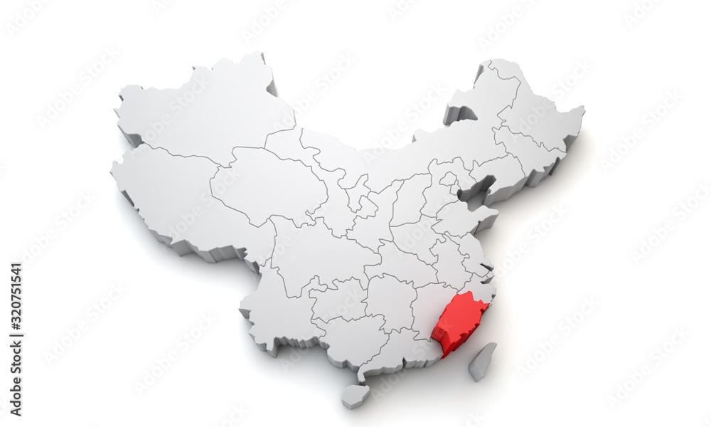 Map of China showing Fujian regional area. 3D Rendering