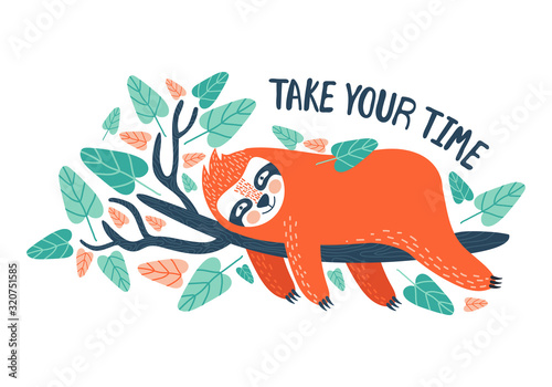 Cute cartoon lazy sloth with lettering vector graphic design. Adorable hand drawn baby sloth character hanging on the tree. Illustration for t-shirt design, poster, greeting, birthday card, sticker.