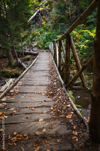 Wooden bridge with steps on the eco-trail along the rocks and mountain river in Bulgaria  Smolyan city. Equipped tourist road through the forest for sightseeing tours and walks