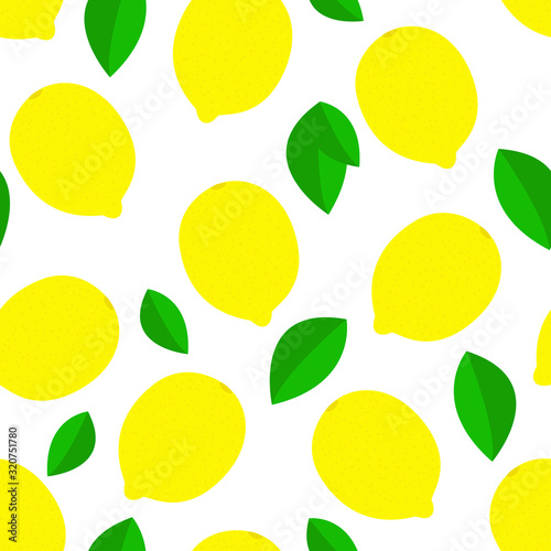 Yellow lemons background. Pattern with lemon and leaves. Sour fruit. Vector illustration on a white background.