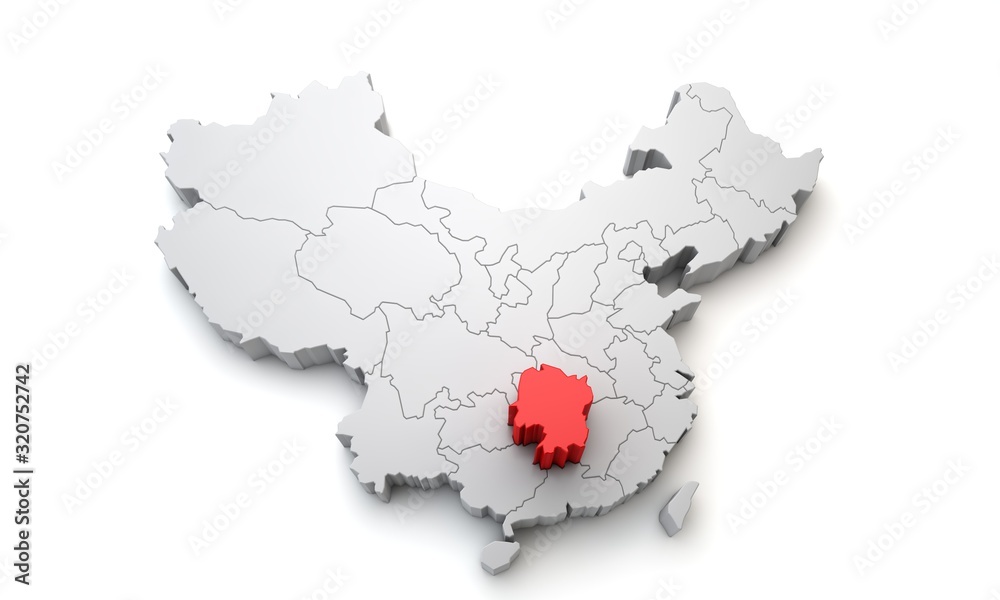 Map of China showing Hunan regional area. 3D Rendering