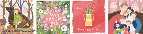 Happy Women's Day March 8! Cute vector illustrations: mother with family and children; flowers girl on nature with animals and floral background. Drawings for a card, poster or postcard.