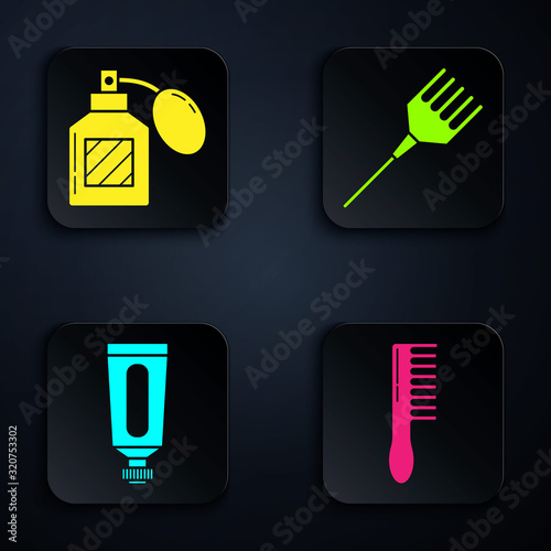 Set Hairbrush, Aftershave, Cream or lotion cosmetic tube and Hairbrush. Black square button. Vector