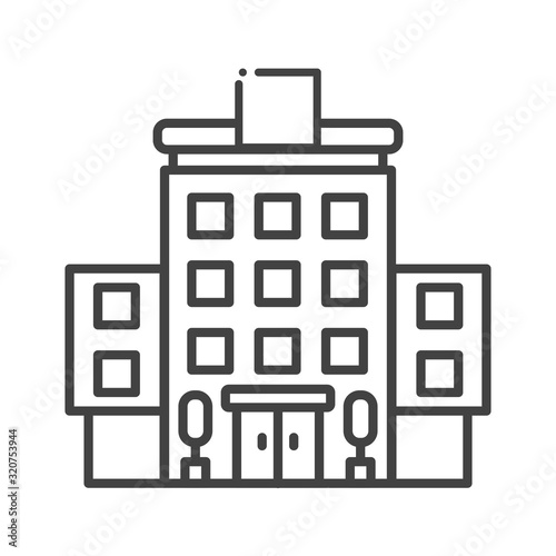 Hotel black line icon. Building: apartment, motel, hostel sign. Real estate. Pictogram for web page, mobile app, promo. UI UX GUI design element. Editable stroke.