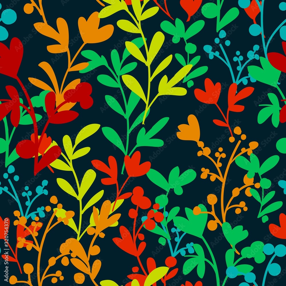 Background pattern of various colored plants and branches on a dark background. Seamless vector illustration for designer prints for textile. Background pattern of various colored plants and branches on a dark background. Seamless vector illustration for designer prints for textile.