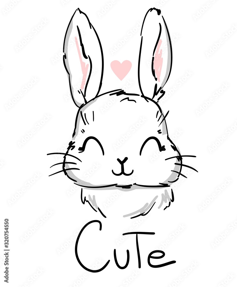 Obraz premium Bunny Vector stock illustration. Cute rabbit and heart. Childish print design for nursery, t-shirt, textile, background. Vector illustration. Hand drawn cute cartoon character.