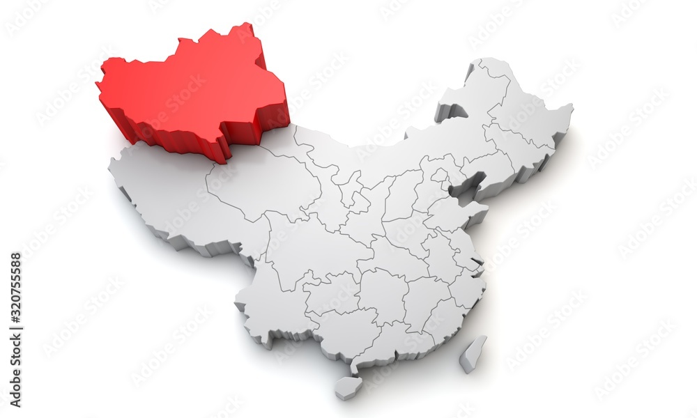 Map of China showing Xinjiang regional area. 3D Rendering Map of China showing Xinjiang regional area. 3D Rendering