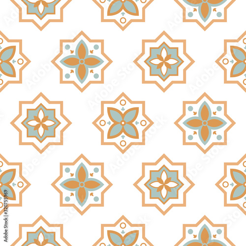 Arabesque seamless pattern tiles. Oriental ceramic tiles design pastel colors.