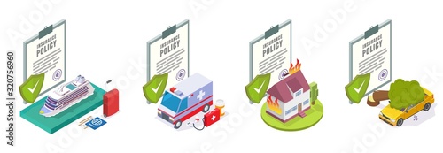 Travel, medical, home, car insurance services, vector illustration