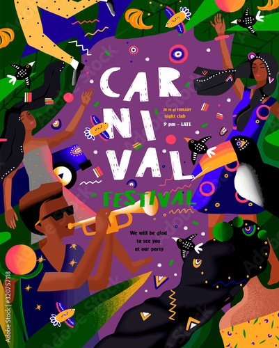 Brazilian carnival and festival! Vector abstract holiday illustration with people, dancers and musicians. Party drawing for poster, banner or background. Brazilian dance, music and rhythm