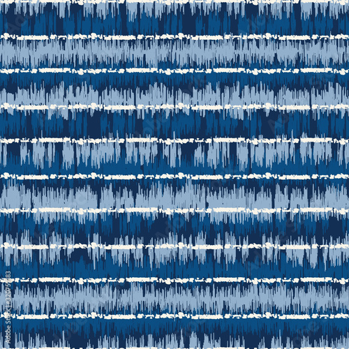 Indigo Classic Blue Tie Dye Icat Irregular Horizontal Stripes Vector Seamless Pattern