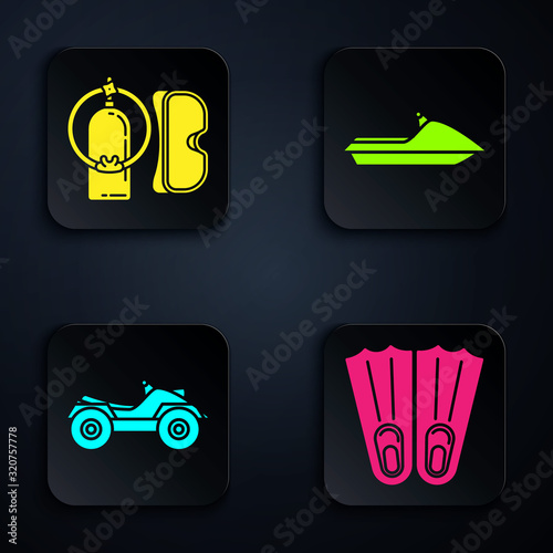 Set Rubber flippers for swimming, Diving mask and aqualung, All Terrain Vehicle or ATV motorcycle and Jet ski. Black square button. Vector