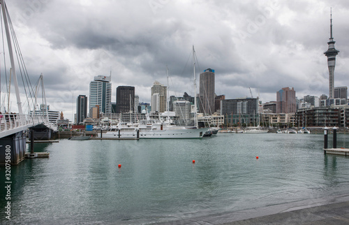 Harbor Auckland New Zealand and skyline. Yachts and boats. Skytower