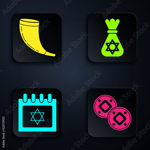 Set Jewish coin, Traditional ram horn, shofar, Jewish calendar with star of david and Jewish money bag with star of david. Black square button. Vector