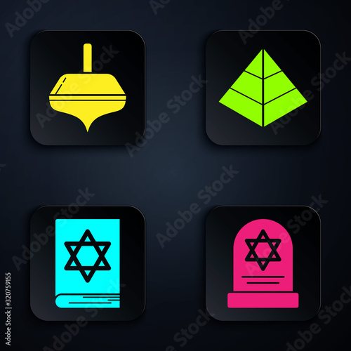 Set Tombstone with star of david, Hanukkah dreidel, Jewish torah book and Egypt pyramids. Black square button. Vector