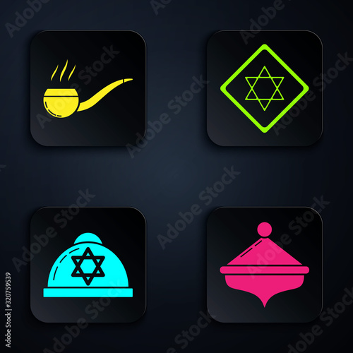 Set Hanukkah dreidel, Smoking pipe with smoke, Jewish kippah with star of david and Star of David. Black square button. Vector