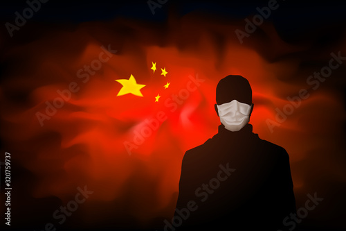 Coronavirus epidemic in china. Silhouette of a masked man on abstract Chinese flag background. Global viral pandemic. Design concept. Vector illustration