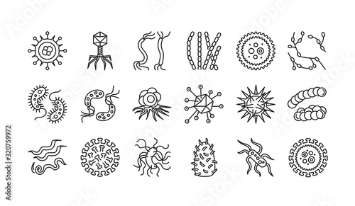 Viruses black line icons set. Respiratory infections. Bacteria, microorganisms signs. Microscopic germ cause diseases concept. Pictograms for web, mobile app. UI UX design element. Editable stroke.