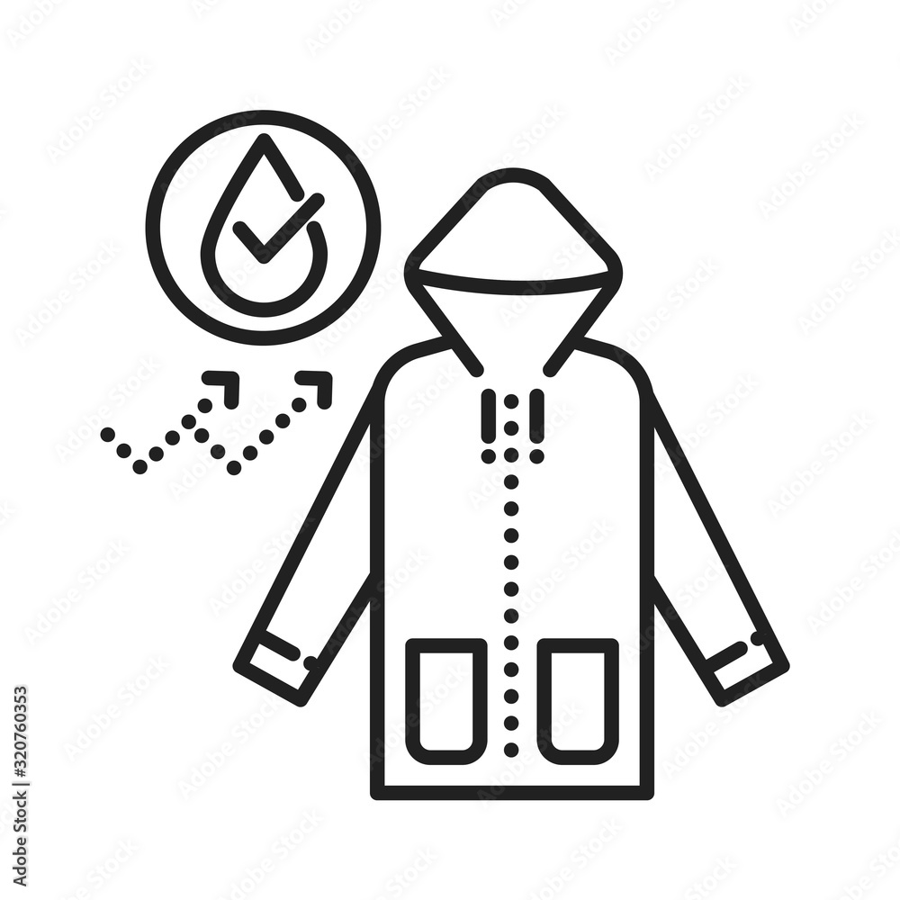 Waterproof cloth black line icon. Water repellent outerwear concept. Impermeable textile, fabric sign. Pictogram for web page, mobile app, promo. UI UX GUI design element. Waterproof cloth black line icon. Water repellent outerwear concept. Impermeable textile, fabric sign. Pictogram for web page, mobile app, promo. UI UX GUI design element.