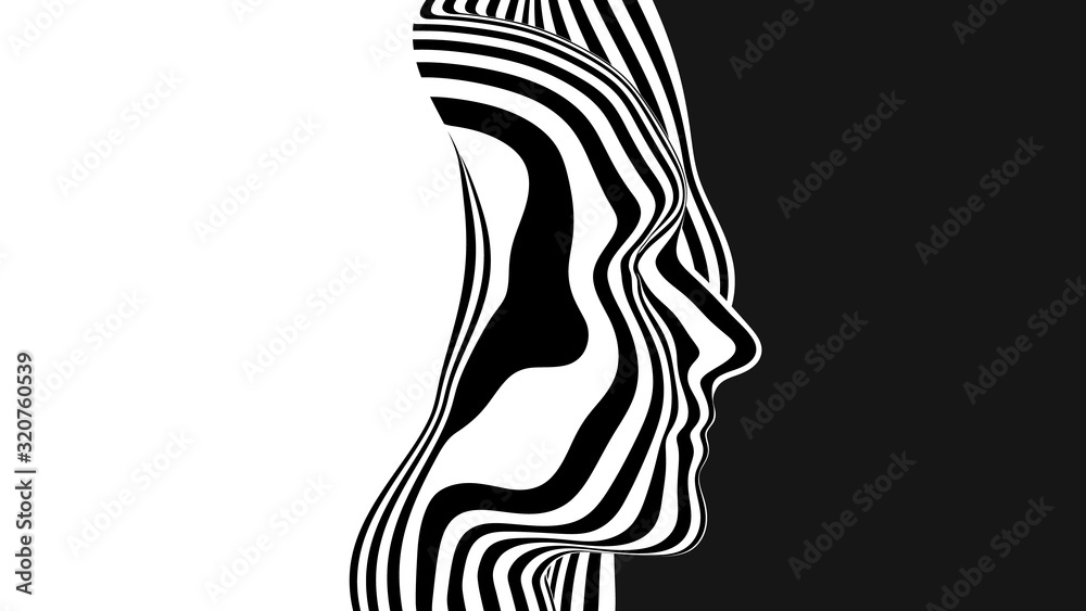 Vector 3D abstract human head made of black and white stripes. Monochrome ripple surface