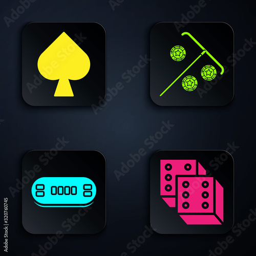 Set Game dice, Playing card with spades symbol, Poker table and Stick for chips. Black square button. Vector