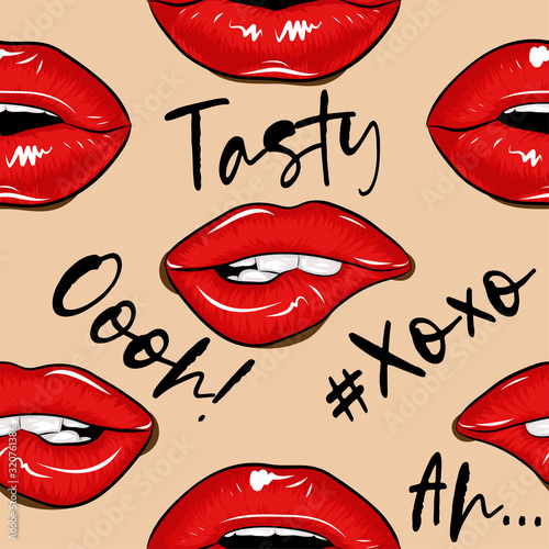 Vector seamless pattern with beautiful woman lips and sexy words: XOXO, tasty, oooh, ah. Colorful print for poster, card, textiles, wallpaper, backgrounds for Valentine's day.