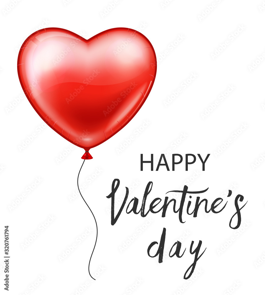 Valentines day red balloon with ribbon. Heart shape. Vector illustration