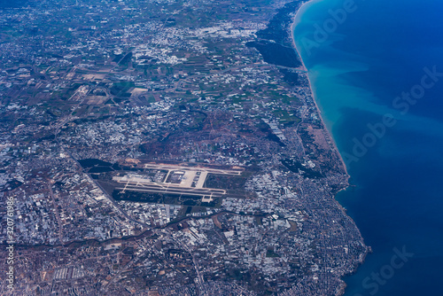 Aerial view over Antalya, Antalya Airport, Lara Beach, the Gulf of Antalya, and the Levantine Sea