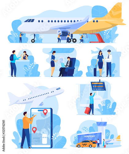 Airline services, people in airport, staff and passengers vector illustration. Set of stickers in modern flat style, cartoon characters in international airport. Flight attendant and pilot in uniform