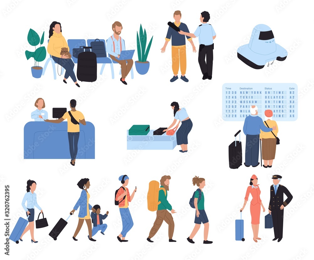 People in airport, passengers cartoon characters vector illustration.  International travel, airport security infrastructure. Airline flight  passengers, men and women tourists with baggage in queue Stock Vector |  Adobe Stock