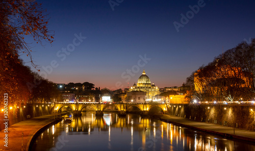 Night view of the Basilica St Peter Cathedral in Rome, Italy. Wonderful view of St. Peter's Cathedral at sun set. © Avirut S.
