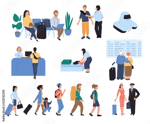 People in airport, passengers cartoon characters vector illustration. International travel, airport security infrastructure. Airline flight passengers, men and women tourists with baggage in queue