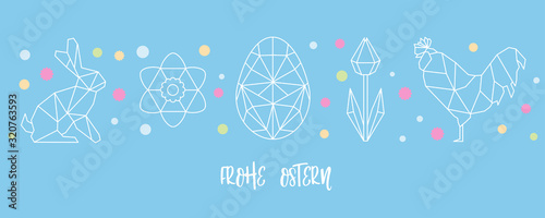 Ostergruß mit Osterhase, Osterei und Tulpen auf blauem Hintergrund