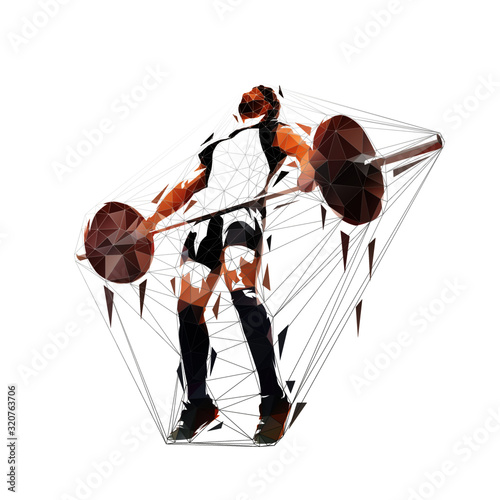 Weightlifter lifting big barbell, isolated low polygonal vector illustration. Geometric drawing