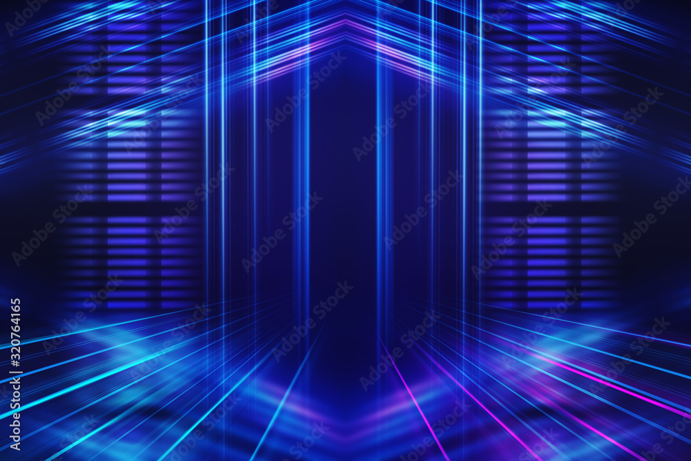 Abstract dark background with blue and pink neon glow. Neon light lines. Show empty stage background Abstract dark background with blue and pink neon glow. Neon light lines. Show empty stage background