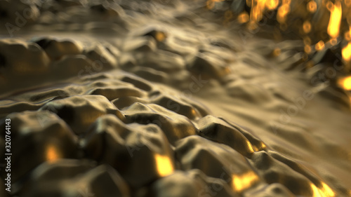 3d render abstract background with wavy gold displacement and warm light with the depth of field