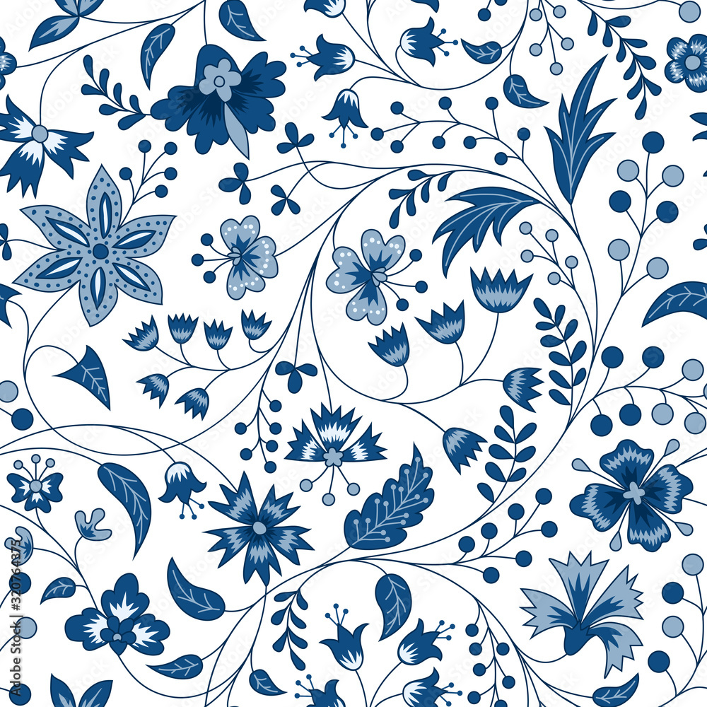 Chintz seamless pattern. Blue floral background. Indian Fabric with blue  flowers vector de Stock | Adobe Stock
