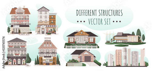 Set of different houses, modern residential architecture, vector illustration. Collection of isolated buildings in flat style, downtown house facade, local store and cafe in old town building