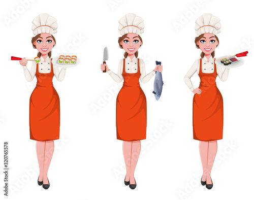 Beautiful young chef woman, set of three poses