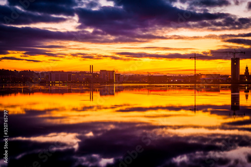 Orange sunset over lake