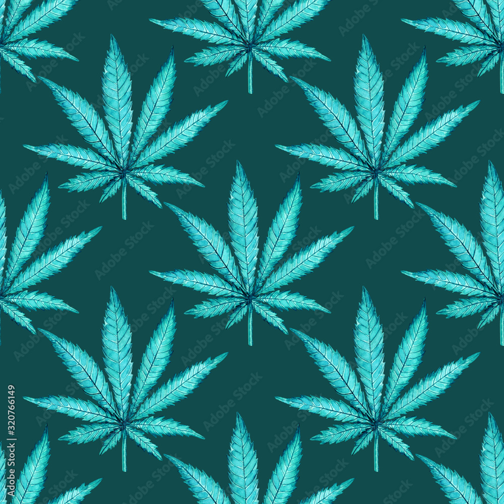 Watercolor seamless pattern with blue cannabis leaf on green background. Hand painted illustration. Botanical print for fabric and wrapping paper.