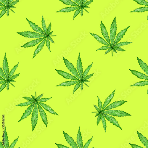 Watercolor seamless pattern with green hemp leaf on light background. Hand painted illustration. Botanical print for fabric and wrapping paper.