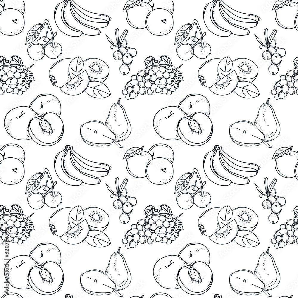 Fototapeta premium Vector seamless pattern with doodle fruits; hand drawing fruits and berries for fabric, wallpaper, wrapping paper, textile, package, web design.